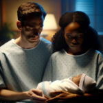 A man and woman holding a baby with a birth injury in a hospital room.